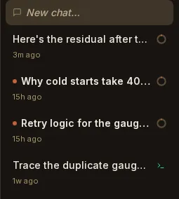 A chat list in which one row, "Trace the duplicate gaug…", carries a small emerald terminal icon at its right edge marking it as adopted; the three chats above it have no badge