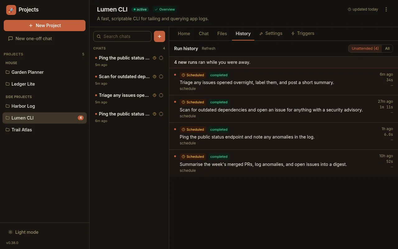 The History view: a banner reading '4 new runs ran while you were away' above a list of scheduled runs